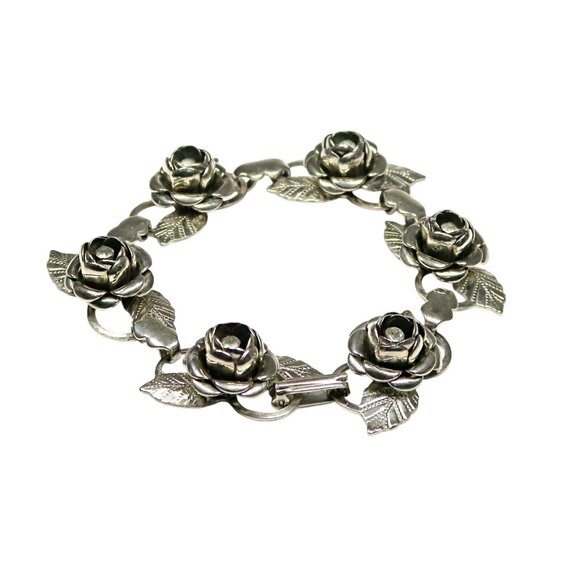 Vintage Mid-Century Rhinestone Rose Bracelet Silver Tone Floral Link Jewelry - Picture 4 of 6
